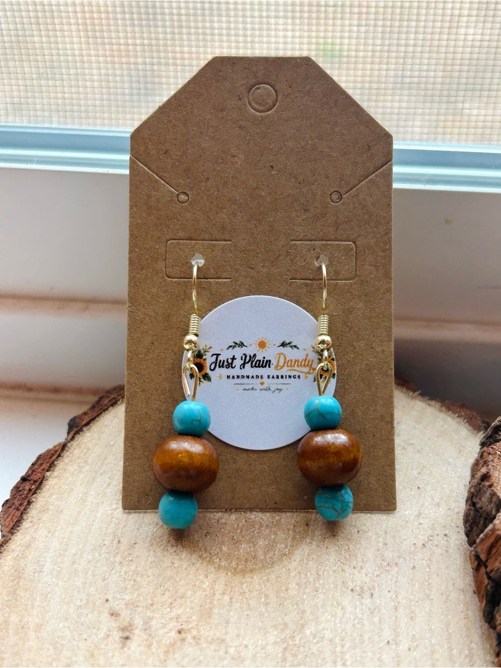 Southwest Turquoise Wood Beaded Dangle Earrings Handmade Boho Western - Picture 2 of 4